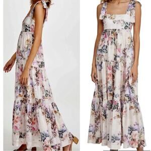 NEW House Of Harlow 1960 Floral Linen Tier Bow Tie Shoulder Long Maxi Dress Med